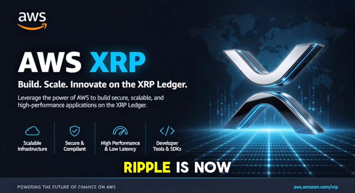 The image features a large silver x with blue lines around it, which appears to be a logo for Ripple, an enterprise blockchain solution that allows users to create decentralized applications. The text in the image reads "RIPPLE ON AWS Ripple is now officially listed in the AWS Partner Network", indicating that Ripple has been added as a partner of Amazon Web Services (AWS) and can be accessed by its customers through the platform. This partnership will enable Ripple's enterprise blockchain solutions to reach millions of AWS customers worldwide, providing them with access to cutting-edge technology for their businesses or personal projects.