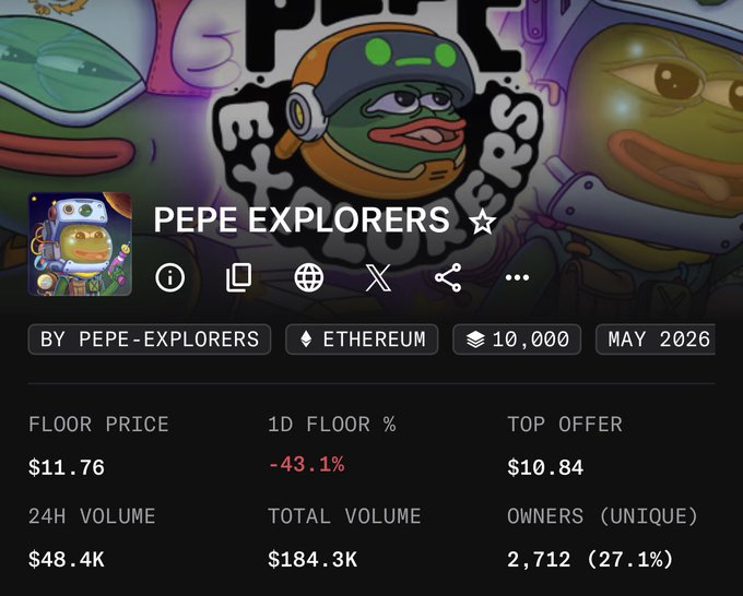 A screenshot showing the main tab portion of the page displaying various prices for different cryptocurrencies, including pegasium. Some examples include "floor price" which refers to the lowest cost available, "id floor price" as a reference for how many Bitcoins would be required to purchase that amount, and a description about pegasium with numbers. The image also features an interesting illustration of Peaches wearing a helmet shaped like a robot or space suit. The caption below this image says "PEPE EXPLORERS", which is the main name displayed on the page.