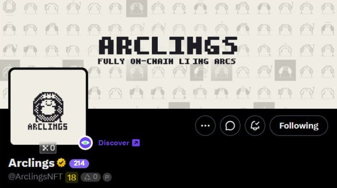 A Twitter/X profile page for 'Arclings' (@ArclingsNFT), an account described as 'FULLY ON-CHAIN LIVING ARCS' with pixel art background patterns.