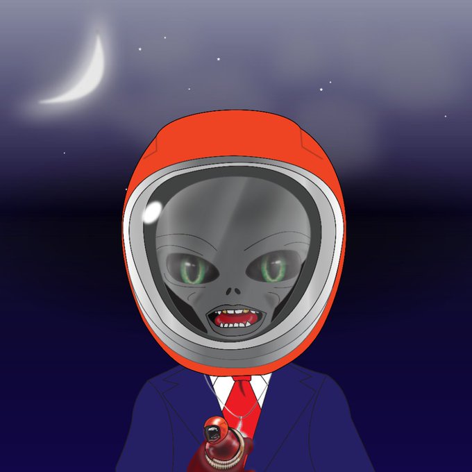 A cartoon illustration of a grey alien wearing a red helmet and a business suit with a red tie, set against a starry night sky with a crescent moon.
