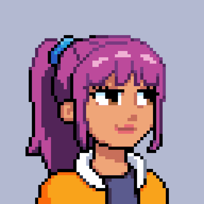 A pixel art illustration of a smiling anime-style girl with purple hair tied with a blue bow, wearing an orange jacket with a white collar.