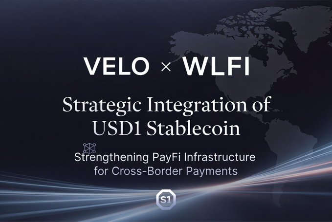A dark promotional graphic with a world map background announces 'VELO x WLFI - Strategic Integration of USD1 Stablecoin - Strengthening PayFi Infrastructure for Cross-Border Payments' with the $1 logo.