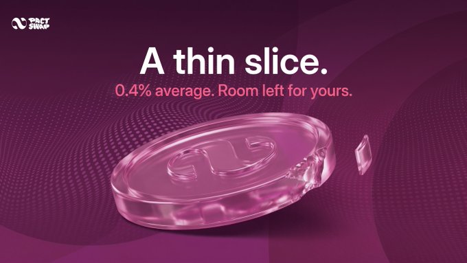 A pink-themed advertisement for "PACT SWAP" featuring a translucent pink disc/coin design with text reading "A thin slice. 0.4% average. Room left for yours."