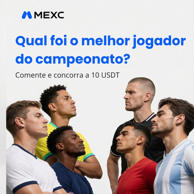 A MEXC promotional graphic featuring six international soccer players facing off in profile, with the Portuguese text "Qual foi o melhor jogador do campeonato? Comente e concorra a 10 USDT" (Who was the best player of the championship? Comment and enter to win 10 USDT) encouraging followers to participate in a giveaway contest by sharing their opinion on the World Cup's top player.