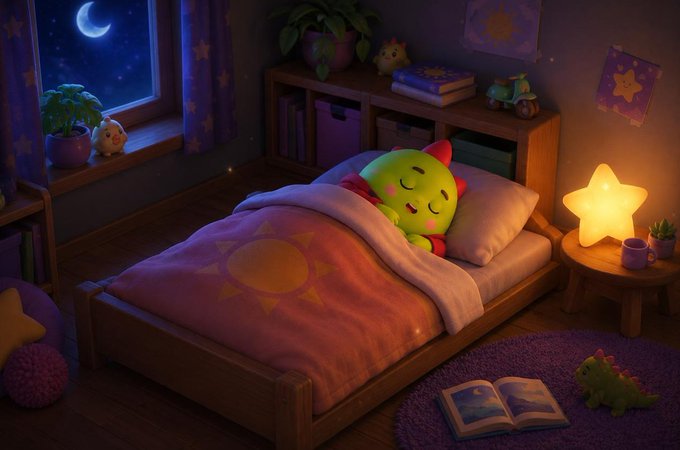 A cozy, dimly lit bedroom illustration featuring a small green dinosaur character sleeping peacefully under a sun-patterned blanket, with a glowing star lamp, toys, and a crescent moon visible through the window.