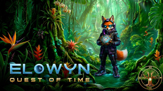 Promotional artwork for 'ELOWYN: QUEST OF TIME,' featuring an anthropomorphic fox character in a green, futuristic jungle setting.