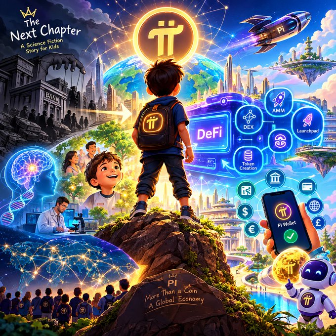 A young boy with a Pi-logo backpack stands atop a rock inscribed "Pi More Than a Coin A Global Economy," overlooking a futuristic landscape featuring DeFi, DEX, Token Creation, Launchpad, and Pi Wallet icons, alongside the title "The Next Chapter: A Science Fiction Story for Kids." The image visually reinforces the post's message that V27's protocol upgrade is enabling Pi to evolve from merely storing value to facilitating on-chain movement, interaction, and settlement through enhanced smart-contract capabilities.