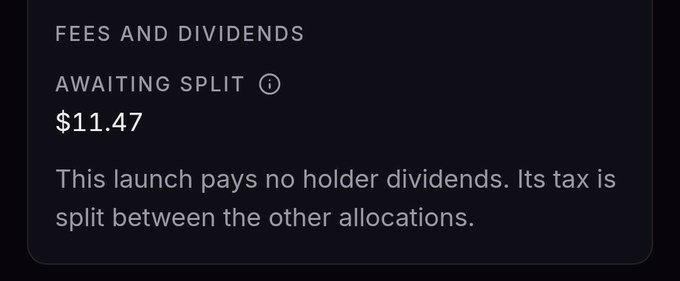 A dark-themed informational card titled 'FEES AND DIVIDENDS' showing an 'AWAITING SPLIT' of $11.47 and a note explaining that the launch pays no holder dividends.