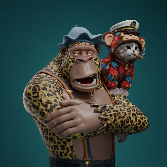 A 3D-rendered leopard character wearing a cowboy hat with rainbow suspenders, holding a small cat dressed as a sailor captain on its shoulder.