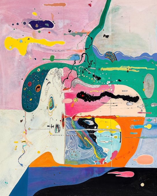 This abstract painting is a vibrant, playful explosion of colors and shapes—featuring swirls, dots, and fluid forms in pink, green, blue, orange, and yellow that mirror the whimsical, energetic spirit of "play."