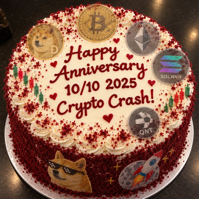 A red velvet cake decorated with cryptocurrency logos including Bitcoin, Dogecoin, Ethereum, Solana, and QNT, with text reading 'Happy Anniversary 10/10 2025 Crypto Crash!'