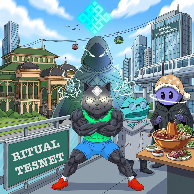 The cartoon illustration shows anthropomorphic animal characters—a muscular black cat, a frog in a lab coat, and a panda in a beanie—posing in front of a hooded shadowy figure, with a hot pot meal, futuristic transit, and buildings labeled "RITUAL FOUNDATION" and "RITUAL TESTNET." The image ties to the post by personifying AI agents as the capable characters who, despite their ability to perform tasks and interact with blockchains, remain shadowed by human-controlled private keys, highlighting the unresolved ownership problem.