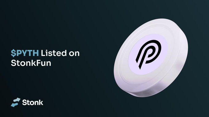 A promotional graphic on a dark teal background announces "$PYTH Listed on StonkFun" with a 3D-rendered white coin displaying the Pyth Network logo on the right, paired with the Stonk logo in the bottom left corner. The image visually reinforces the post's message about launching coins paired with the $PYTH token from Pyth Network on the StonkFun platform.