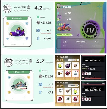 Four screenshots from a sneaker-collecting mobile game displaying various shoes, upgrade levels, and stats such as 'Efficiency +27', '7.8', and user IDs 'user_4320092' across different interfaces.