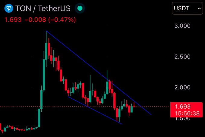 The image presents a screenshot of a cryptocurrency price chart that indicates "TON" is being referred to as a forex trading platform called "Tether". The chart displays a downward trend, suggesting that the price might be decreasing or falling. This could potentially imply an opportunity for investors in the cryptocurrency market to buy coins at lower prices and wait for their value to rise again.