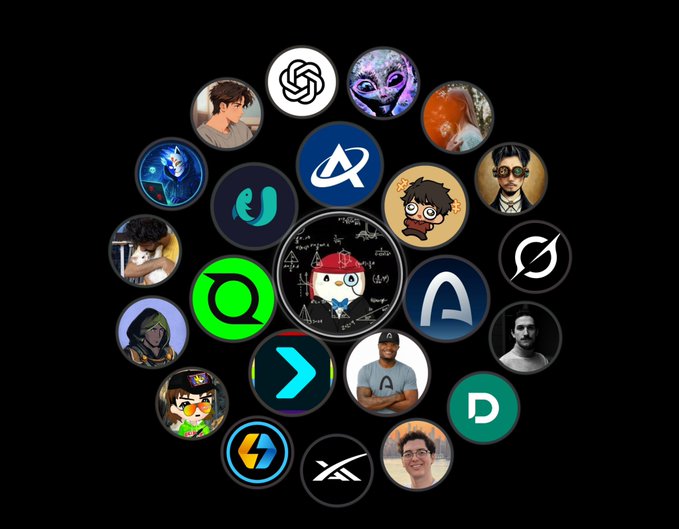 A collage of various circular profile pictures and logos arranged together, featuring anime-style avatars, brand logos including ChatGPT, alongside cartoon and photographic portraits on a black background.