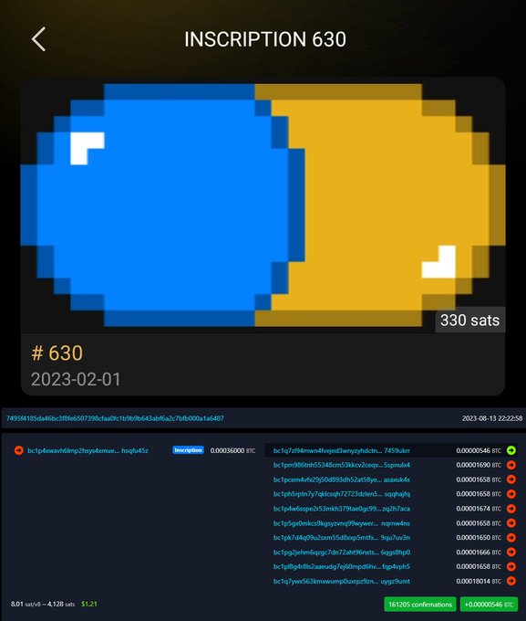 A screenshot of a Bitcoin Ordinals inscription page (#630) showing a pixelated blue and yellow oval shape with transaction details, priced at 330 sats.