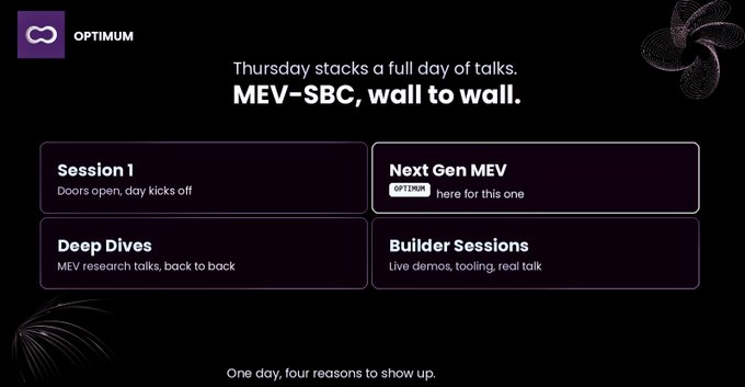 An Optimism promotional graphic announcing 'MEV-SBC, wall to wall' on Thursday, featuring four session types: Session 1, Next Gen MEV (Optimism), Deep Dives, and Builder Sessions.