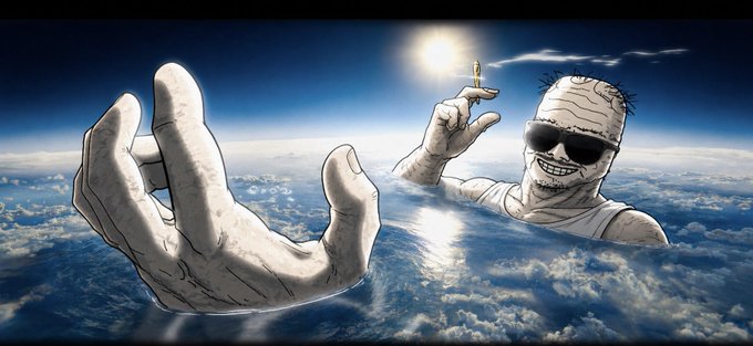 A surreal illustration of a stylized humanoid figure with sunglasses emerging from clouds above the ocean, holding up a giant hand while pinching a tiny figure between their fingers.