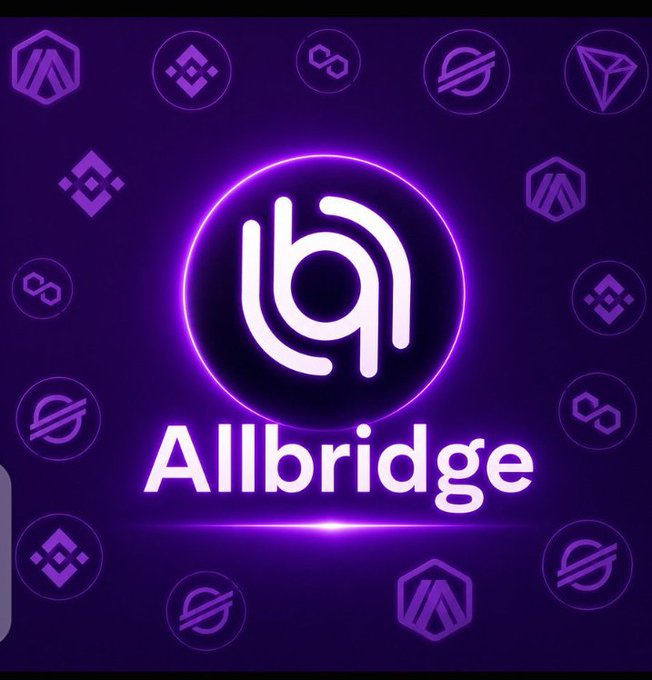 A purple neon-style logo for 'Allbridge' featuring a stylized 'b' symbol, surrounded by faint cryptocurrency logos including Polygon, BNB, and Stellar.