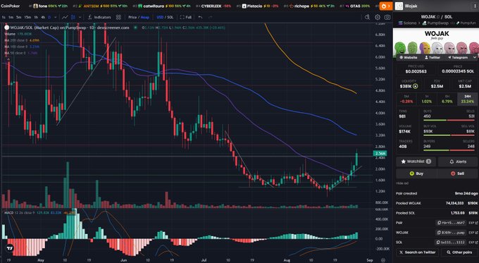 A cryptocurrency trading chart on CoinPoker showing WOJAK/SOL on Solana DEX Raydium, with the price at approximately 2.959, displaying candlesticks, moving averages, and trading volume data in a dark-themed interface.
