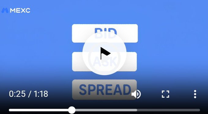 A MEXC video tutorial screenshot showing BID and ASK buttons above a SPREAD button, with a play icon overlay.
