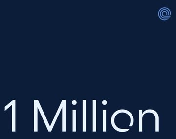 A dark blue minimalist graphic displays the large white text '1 Million' in the lower left, with a small '@' logo icon in the upper right corner.