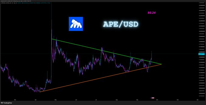 A TradingView chart of APE/USD displays a symmetric triangle pattern with converging green and orange trendlines, showing a recent breakout above the $0.24 resistance level that aligns with the post's mention of the bullish breakout signal given for $APE.