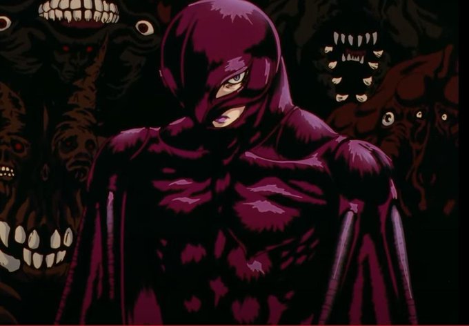 A comic book-style illustration depicts a purple-armored figure surrounded by grotesque, multi-eyed monsters in dark, ominous tones.