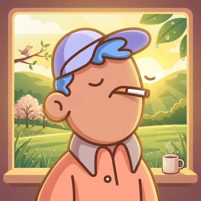 A cartoon illustration of an elderly man with a blue cap smoking a cigar, sitting by a window with a cup of coffee, looking out at a sunny landscape with rolling green hills, trees, and a bird on a branch.