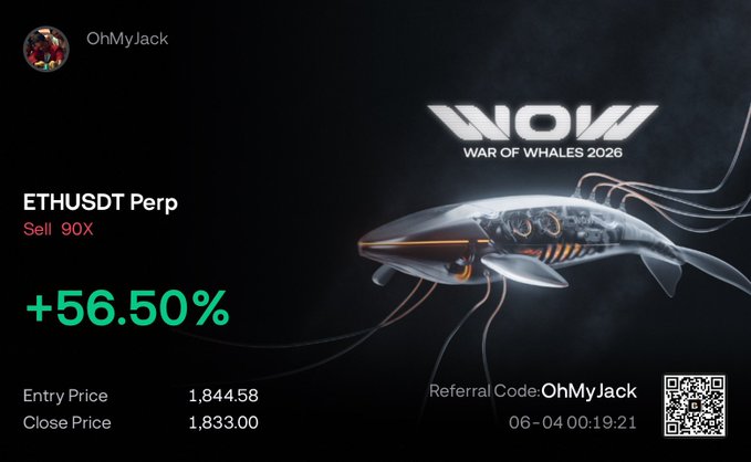 The image features a poster for a video game called "WOW War of Whales 2016" with an image of a shark or whale, possibly a whale or shark, as its central focus. The poster also includes text that reads "ethusdtt perp sell 90x", which suggests the game is related to cryptocurrency trading and involves using the Ethereum blockchain. Additionally, there are two other people's names in the image: one person named "Jack" and another named "BloFinOfficial".
