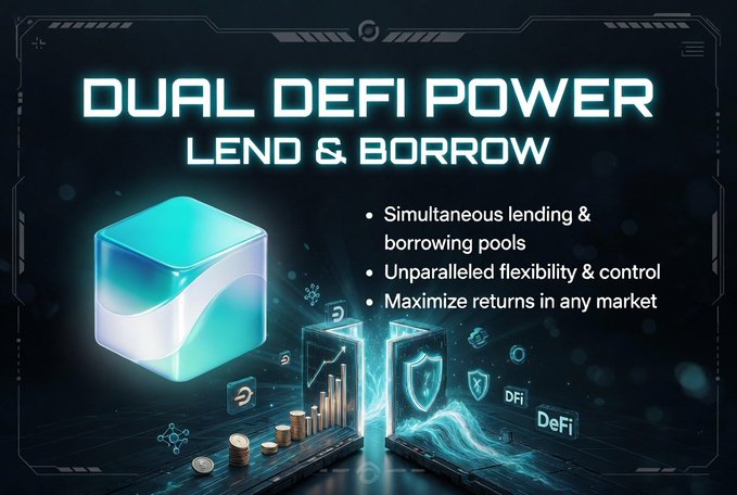 The image features an advertisement for a new platform that allows users to invest in both lending and borrowing pools simultaneously. The platform's dual investment feature is described as a game-changer, providing flexibility and control over one's assets. The image shows a blue cube with white text on it, which reads "Dual Defi Power Lend & borrow" along with some other details about the platform.