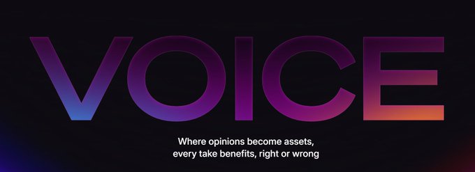 Promotional banner featuring the word 'VOICE' in large gradient letters, with the tagline 'Where opinions become assets, every take benefits, right or wrong.'