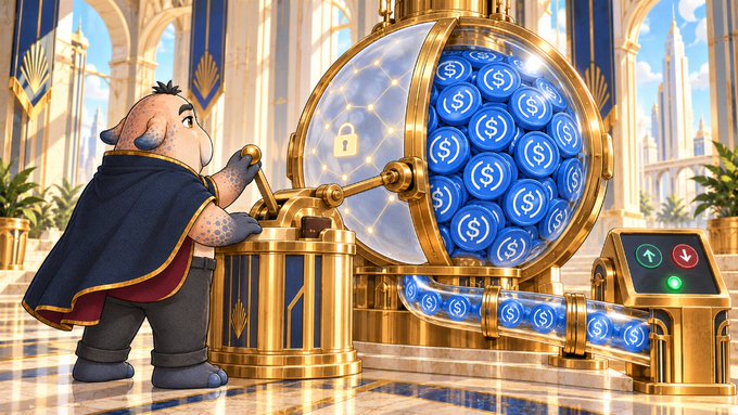 An anthropomorphic pig character in a royal blue cape pulls a lever to operate a large, ornate golden machine that fills a transparent spherical chamber with blue coins marked with dollar signs, featuring up/down control buttons on the side.