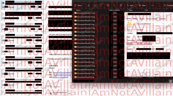 The image shows a file explorer displaying numerous zip files labeled "Documenti Revolut" (Document Revolut) ranging from 1.zip to 20.zip, each dated 2026, alongside what appears to be a messaging interface and file properties showing a 228 MB compressed folder containing 629 files and 264 folders—allegedly the stolen data from the Revolut hack. The screenshot, overlaid with "IAmNotAVillain" watermarks, illustrates the claim that the hacker exfiltrated sensitive documents from Italian police systems, potentially linked to Revolut's data.