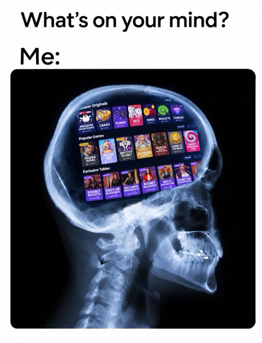 The image is a meme showing an X-ray of a human skull with an online casino app (featuring games like Mission Uncrossable, Crash, Plinko, Dice, and Roobet's exclusive tables like Coasters and RooCluck) displayed inside the brain, captioned "What's on your mind? Me:" — humorously relating to the post about being consumed by thoughts of Roobet's Coasters game and chasing big multipliers.