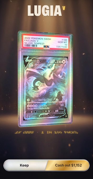 A digital collectible pack reveals a holographic 2022 Pokemon SWSH Lugia V Silver Tempest card (#186) graded PSA 10, offering an 'In Odds 1 in 100 Packs' reveal with options to Keep or Cash out $1,152.