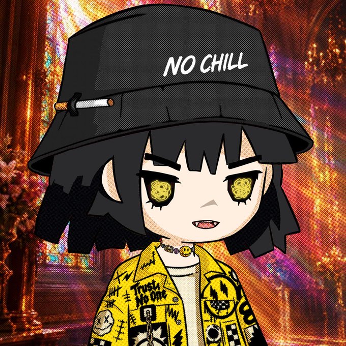 An anime-style avatar of a girl with black hair wearing a black bucket hat labeled 'NO CHILL' and a yellow jacket with patches including 'Trust No One'.