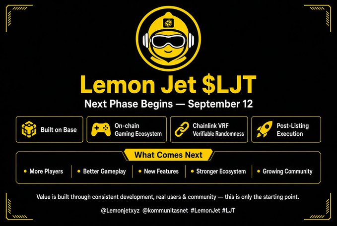 A promotional graphic for 'Lemon Jet $LJT' cryptocurrency, featuring a yellow logo and text announcing 'Next Phase Begins — September 12', along with features like 'Built on Base' and 'On-chain Gaming Ecosystem'.