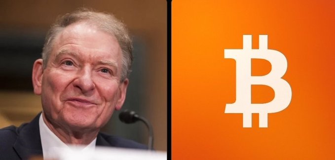 The image shows SEC Chair Paul Atkins alongside the Bitcoin logo on an orange background, visually representing his comments on the agency's "Regulation Crypto Assets" proposal—a landmark regulatory initiative aimed at establishing the U.S. as the global crypto capital and fostering domestic crypto innovation.