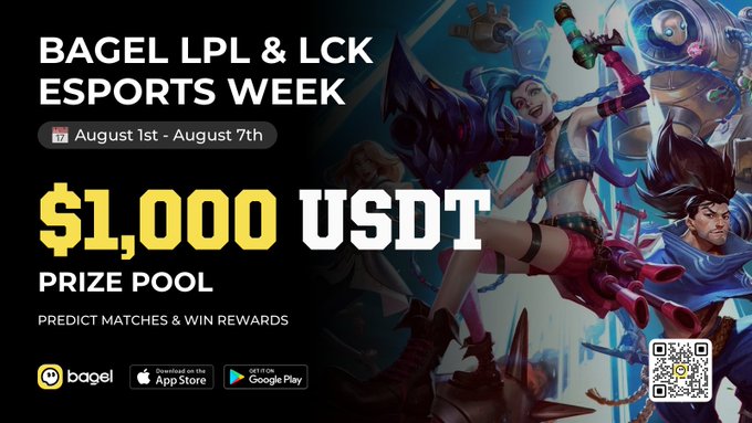 Promotional banner for 'BAGEL LPL & LCK ESPORTS WEEK' running August 1st - August 7th, featuring a $1,000 USDT prize pool, characters from League of Legends, and QR code for downloads.