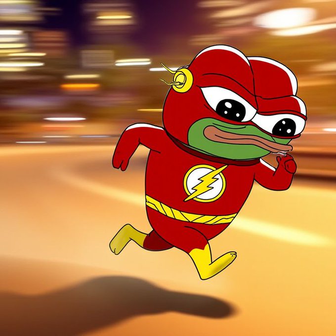 The image features a cartoon frog character with a lightning bolt costume, running across a street at night. The background of the image shows a cityscape with buildings illuminated by bright lights, creating an urban atmosphere. The caption for the image reads "Good morning CT May the Lord give us Motion today, ijn Amen !!! Trying to find my feet on @River4fun It'S been a while I locked in on a project like $RIVER".