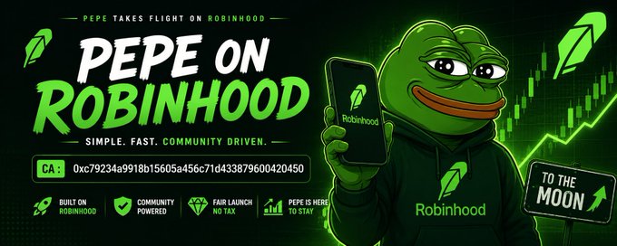 A promotional graphic for 'PEPE ON ROBINHOOD' features a Pepe the Frog character holding a phone, with the contract address 0xc79234a9918b15605a456c71d433879600420450 and text 'TO THE MOON'.