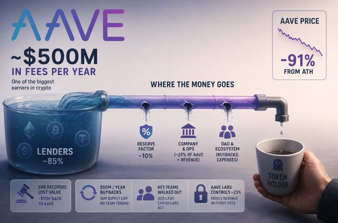 The image features an infographic poster for Aave, a crypto wallet that has been performing well. The poster illustrates the connection between Aave's financial success and its token holders' investment returns. The central image is a flowchart-like representation of coins coming out of Aave, with various tokens being deposited into different accounts along the way. 

The infographic shows how Aave has generated $500m in fees over the past year. It also indicates that the current market price for Aave tokens is $1.61, suggesting a substantial decrease compared to the initial token price of $11.81. The post explains that @aave is one of the largest earners in all of crypto and highlights how token holders are seeing minimal returns on their investments. 

The infographic also includes key terms like "Coin", "Coinholder", "Company", "Loaners", "Loan amount", and "Revenue". The central figures within the image represent the Aave team members, each holding a specific responsibility related to the company's success and token holders' gains.