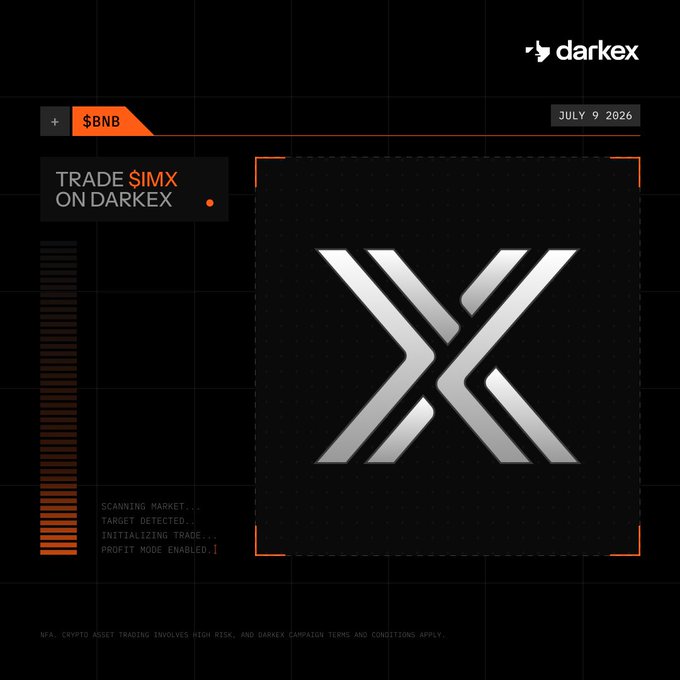 This image advertises trading $IMX on Darkex, featuring cryptic text like "SCANNING MARKET," "TARGET DETECTED," and "PROFIT MODE ENABLED," which ties into the accompanying post about game economies having "exits" for trading. The date July 9, 2026 and the logo for Darkex are also visible.