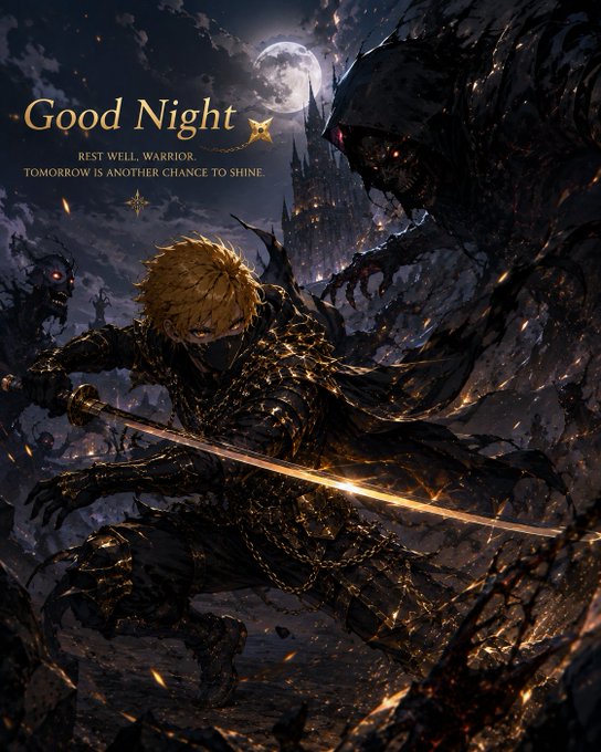 Anime illustration of a blonde warrior wielding a glowing sword against a shadowy monster under a full moon, with text reading 'Good Night, REST WELL, WARRIOR. TOMORROW IS ANOTHER CHANCE TO SHINE.'