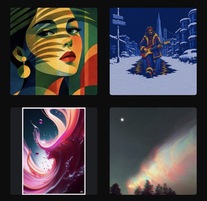 A collage of four artistic images including a stylized woman's portrait, a figure in a snowy city street, abstract pink swirls, and an aurora borealis over trees.