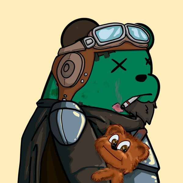 The image features a cartoon character wearing a helmet, goggles, and a leather jacket with a teddy bear sitting next to them. The character appears to be holding a cigarette and has a sad expression. The background of the image is yellow, which contrasts with the colorful attire of the cartoon character. The post includes text that reads "Gm fam Happy Tuesday! Let' s celebrate in style Anyone that buys a Superrarebears NFT from @XoxnoNetwork or @OnionXLabs in the next 24 hours will have a chance to win this awesome Each buy is a ticket Download @xportalapp to get started Xoxno". The image seems to be promoting an event related to Superrarebears, as suggested by the text.