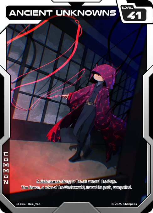 The image shows a collectible card titled "ANCIENT UNKNOWNS" at Level 41, depicting a mysterious hooded figure in a dark robe with glowing red accents, standing in a shadowy room with red energy swirling around them. The card text reads "A disturbance clung to the air around the Dojo. The Baron, a ruler of the Underworld, traced its path, compelled," with credits to "Titus, Kem_Tao" and "© 2025 Chimpers," aligning with the post's mention of a "Chimpers Card of the Day" from the "Against All Odds" collection, specifically highlighting the "Ancient" card on Day 226 of the buyer's 2026 mission.