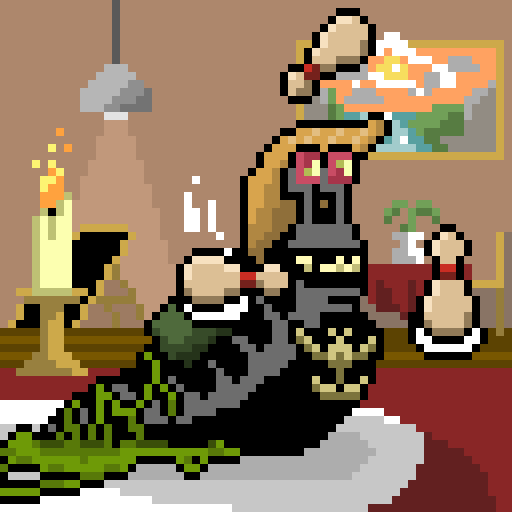 Pixel art depicting a dark figure holding a small white creature by the neck in a room with a candle, painting, and green liquid on the floor.